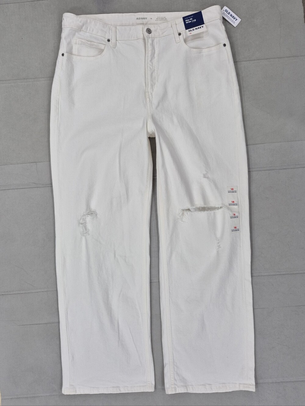 Old Navy Sky-Hi Wide Leg white jeans women's 16 destroyed ripped stretch